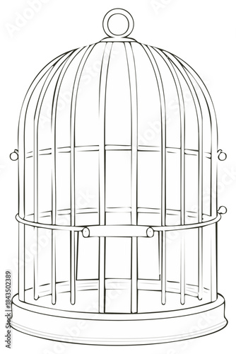 Ornate wire birdcage with domed top and perch detailed sketch