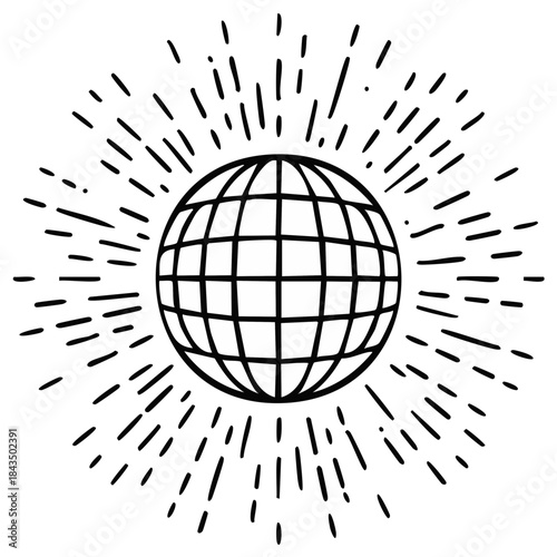Stylized globe illustration with radiating lines symbolizing connection and global reach in a graphic art style