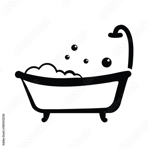 Simple black and white icon of a happy bathtub filled with soap suds and bubbles for bathing
