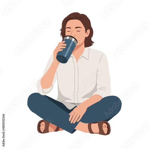 Woman taking peaceful break drinking beverage cross legged on white background