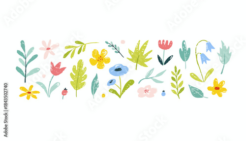 Colorful collection of stylized hand-drawn spring flowers and green leaves, perfect for whimsical nature-themed designs and children's illustrations with a playful touch