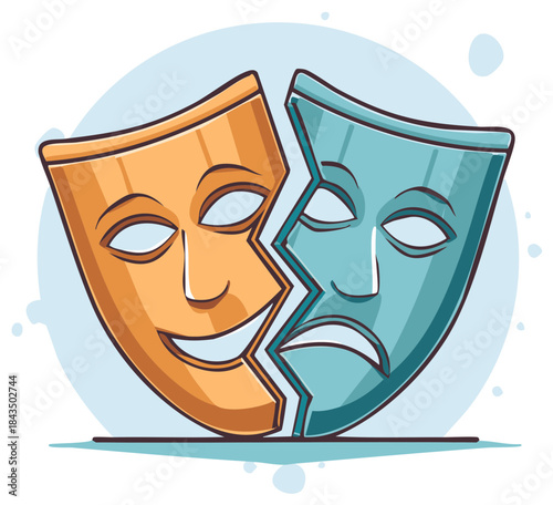 Theatrical Comedy and Tragedy Masks Split Symbolizing Emotional Duality