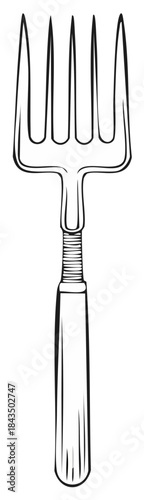 Elegant four pronged garden fork with a textured handle in a line drawing style