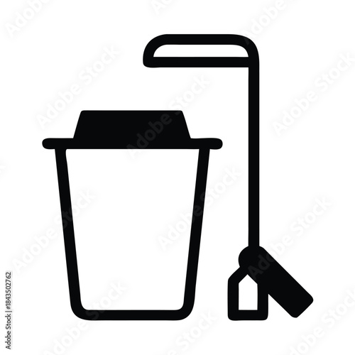 Simple black and white icon representing a trash can and a mop for cleaning service concepts