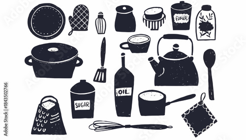Diverse Collection of Traditional Hand-Drawn Kitchenware Silhouettes, Featuring Cooking Pots, Utensils, and Pantry Items in a Charming Flat Graphic Style