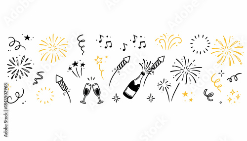 Festive Hand-Drawn Celebration Elements Fireworks, Confetti, and Champagne for Joyful Occasions