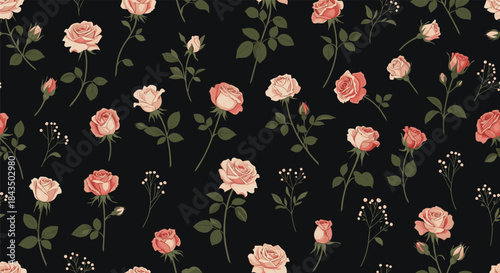 An elegant seamless pattern featuring blooming pink and peach roses with delicate green leaves and white accent flowers on a dark, classic background.