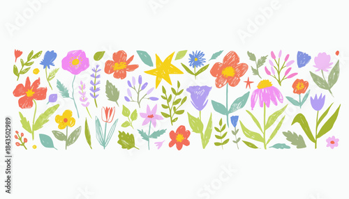 Whimsical Watercolor Wildflowers and Botanical Elements in a Vibrant Array