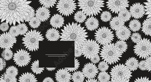Monochrome hand-drawn floral pattern with scattered white flowers on a black background, featuring a central black copy space for text.