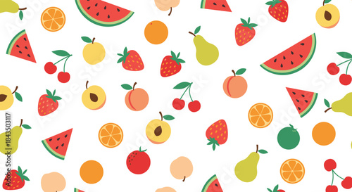 Seamless pattern of various colorful fruits like watermelons, strawberries, peaches, pears, cherries, and oranges on a white background.
