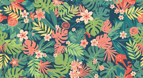 Seamless tropical pattern with colorful stylized leaves, flowers, and fruit slices on a dark blue background.