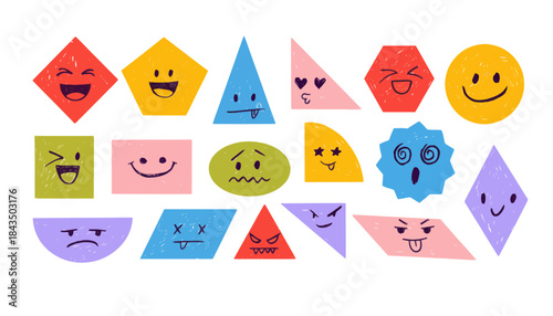 Collection of Playful Geometric Shapes with Diverse Emoticons and Expressions, Perfect for Educational and Creative Projects