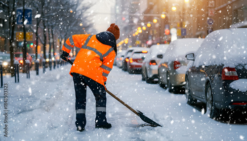 Worker in orange jacket shoveling snow on a city street during a snowfall.