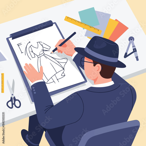 Fashion designer sketches elegant dress on clipboard with tools at desk