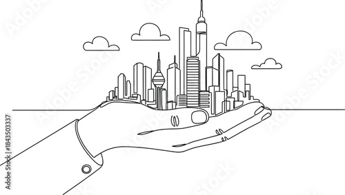 Hand-held City: An outline of an urban cityscape rests gently on an outstretched hand, a symbolic representation of community, development and the built environment.