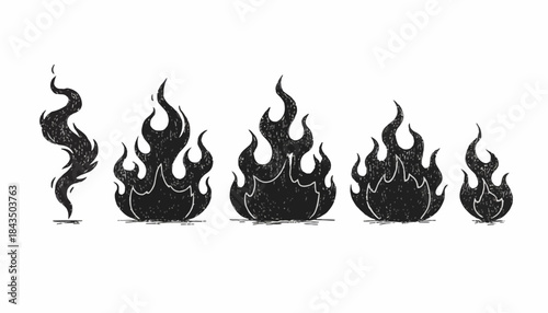 Stylized Vector Flames and Smoke Collection Artistic Black Fire and Distressed Smoke Elements with a Grunge Texture for Creative Design Projects