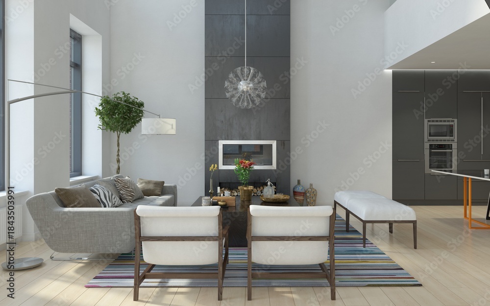 Obraz premium Modern living room interior with fireplace and kitchen. 3d render of luxury home design