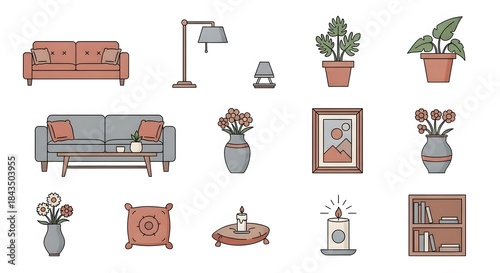 Modern vector home decor icons. Minimalist line art illustrations of furniture, lamps, plants, and accents for contemporary interior design