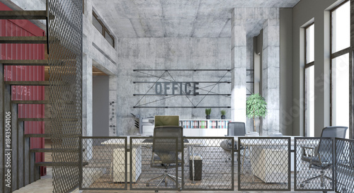 Modern industrial office interior with concrete walls. 3D render of empty workspace design
