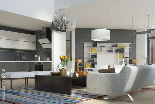 Modern open plan living room and kitchen interior. 3D render of contemporary home design