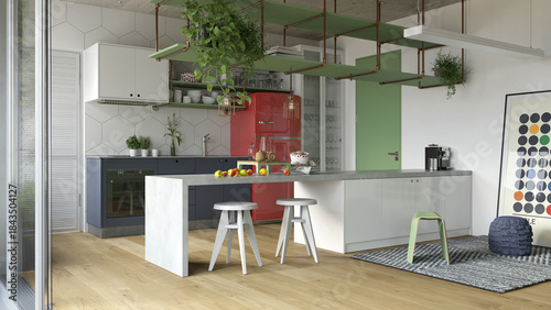 Modern industrial kitchen interior with red fridge and green shelving. 3D render design