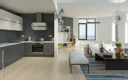 Modern open plan apartment interior with kitchen and living room. 3d render home design