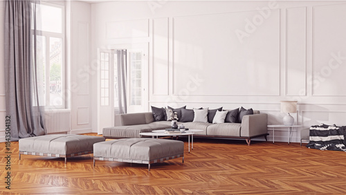 Modern classic living room interior with grey sofa and parquet floor. 3D render copy space