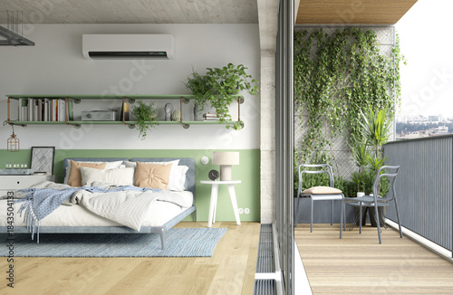 Modern bedroom interior with balcony and air conditioner. 3d render of green home design