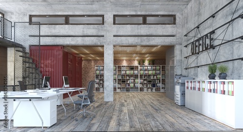 Industrial loft office with concrete walls and red shipping container. Modern 3D render