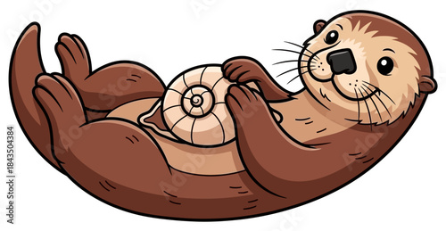 Adorable Cartoon Sea Otter Floating on Back Holding Shell Cute Animal Illustration for Kids and Wildlife Lovers