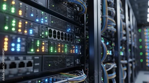 Close up view of server racks with blinking lights in a modern data center.