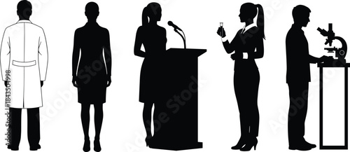 Professional silhouette icon set, science business presentation, lab research figures, academic speaker, microscope analysis, podium talk, career diversity