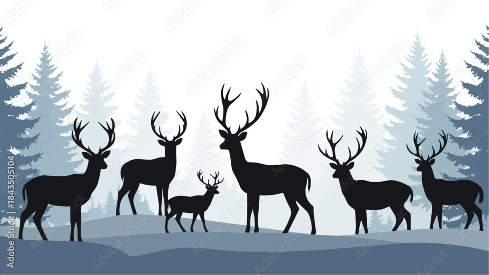 Obraz premium Majestic deer herd roaming forest landscape with pine trees