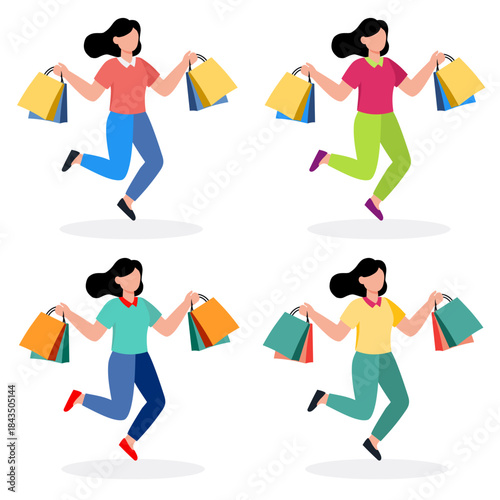 Happy woman jumping with colorful shopping bags. Happy Young Woman Jumping with Shopping Bags Flat Vector Illustration. silhouettes of women with shopping bags