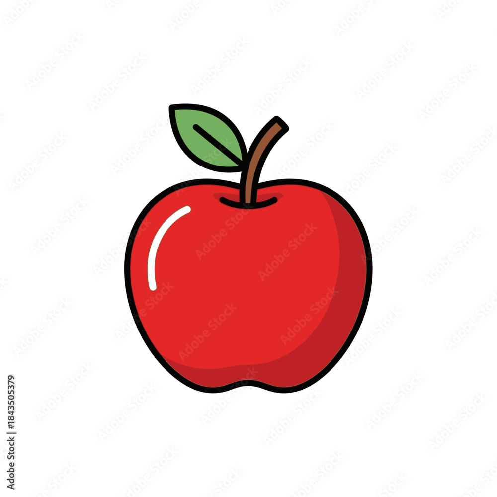 Fototapeta premium A vibrant red apple with a green leaf and brown stem.