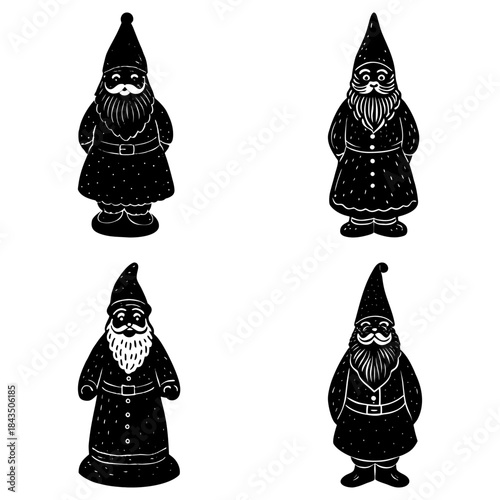 Four Gnome Silhouettes with Beards and Pointed Hats on White Background