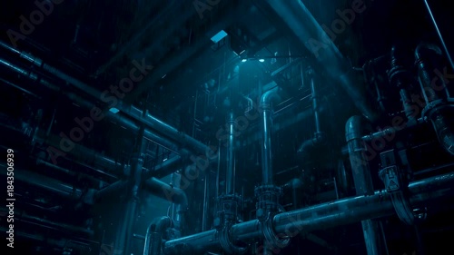 Dark futuristic corridor filled with glowing blue pipes and metallic industrial framework