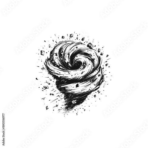 Powerful tornado and swirling hurricane wind vortex illustration in hand-drawn vintage etching style isolated on white background.