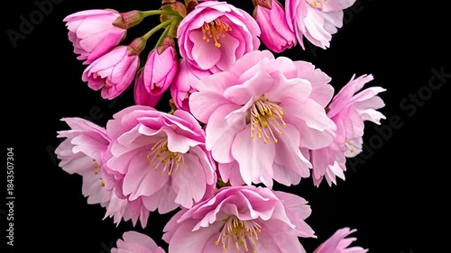 Close Up Shot of Pink Cherry Blossom Branch Against Black Background Studio Lighting