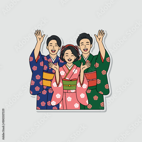 Happy casual family of four with two children smiling and having fun in the kitchen sticker