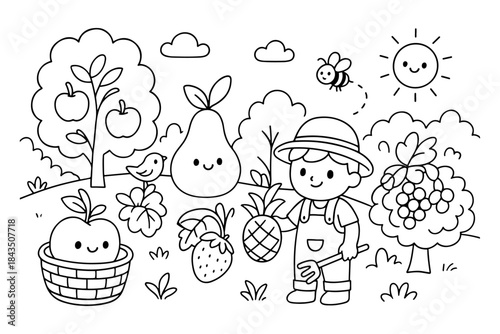 Cute Farmer Holding Pineapple Surrounded by Fruits and Vegetables in Garden