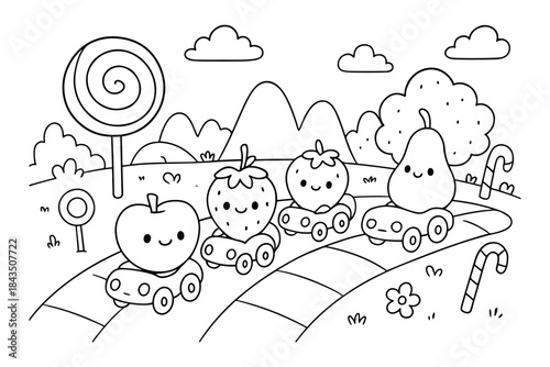 Cute Fruit Characters Driving Cars on a Candy Land Railway with Lollipops and Mountains