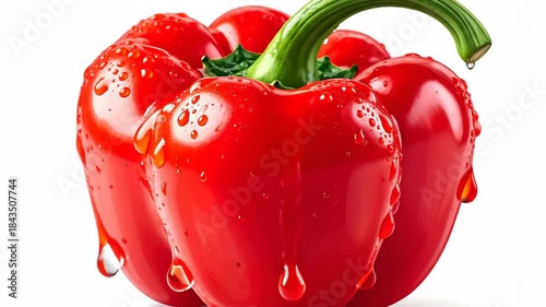 Close up of a vibrant red bell pepper with green stem and water droplets against a white backdrop