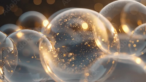 Abstract Transparent Spheres with Sparkling Particles and Golden Bokeh Background
