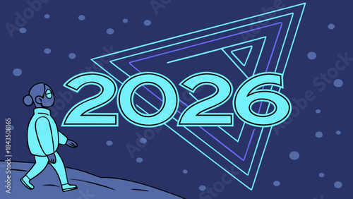 Futuristic person walking towards neon 2026 sign in night sky with stars