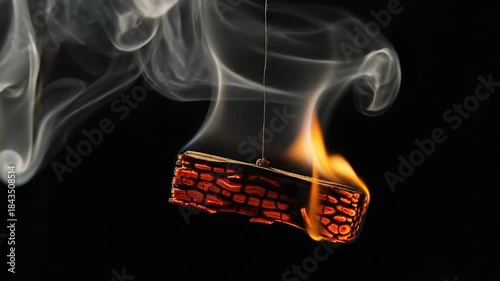 Burning Wooden Block Suspended Against Black Background With Flowing Smoke and Flickering Flame
