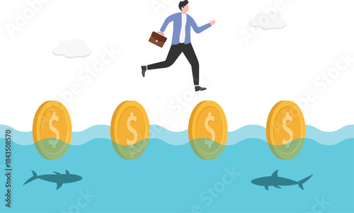 Isometric Businessmen Tread on Gold Coins in the Water

