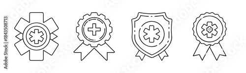 Medical achievement award badge and health security emblem outline set