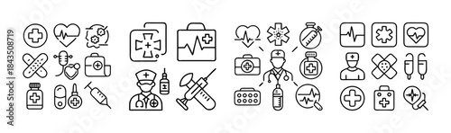 Comprehensive collection of medical and healthcare outline icons for various digital uses