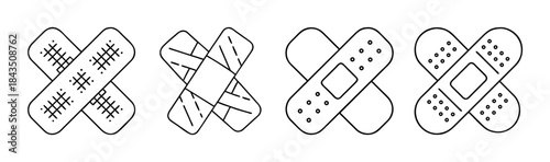 Collection of cross band-aid outline icons representing first aid and medical care